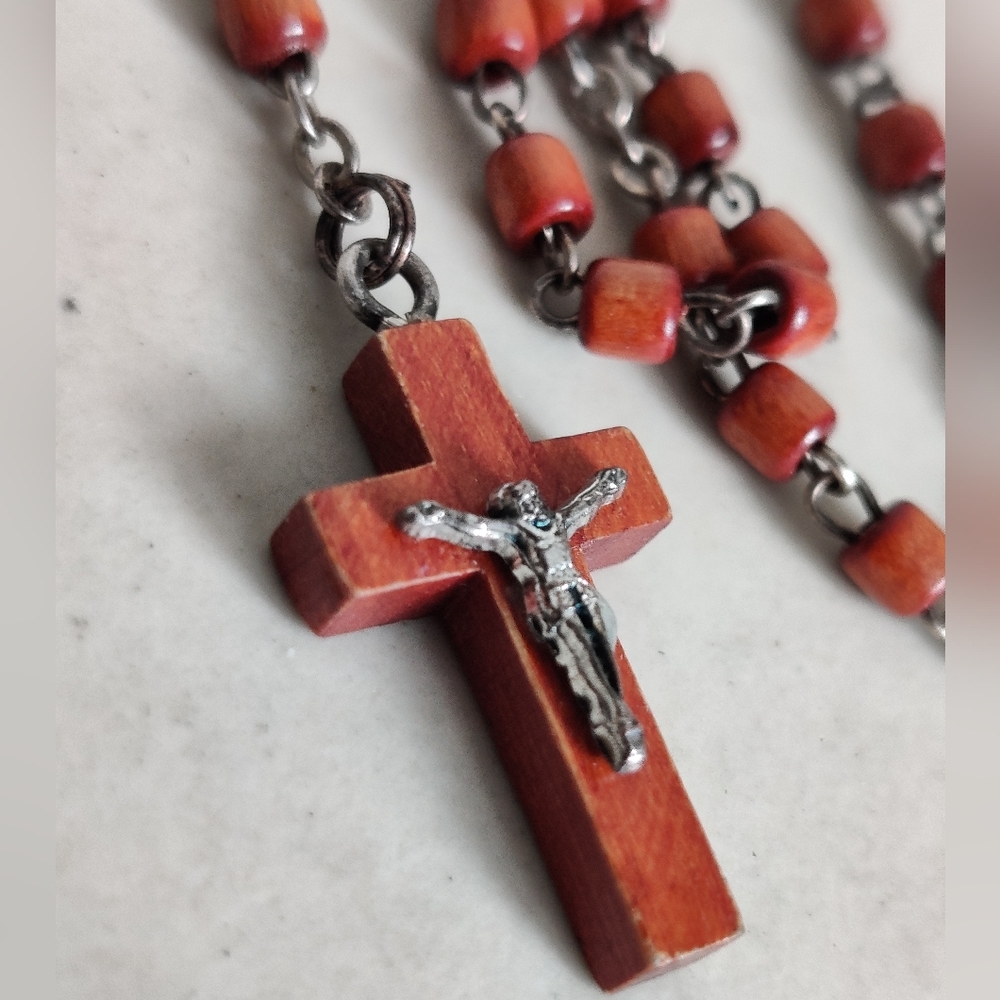 Vintage French Catholic Wood Rosary